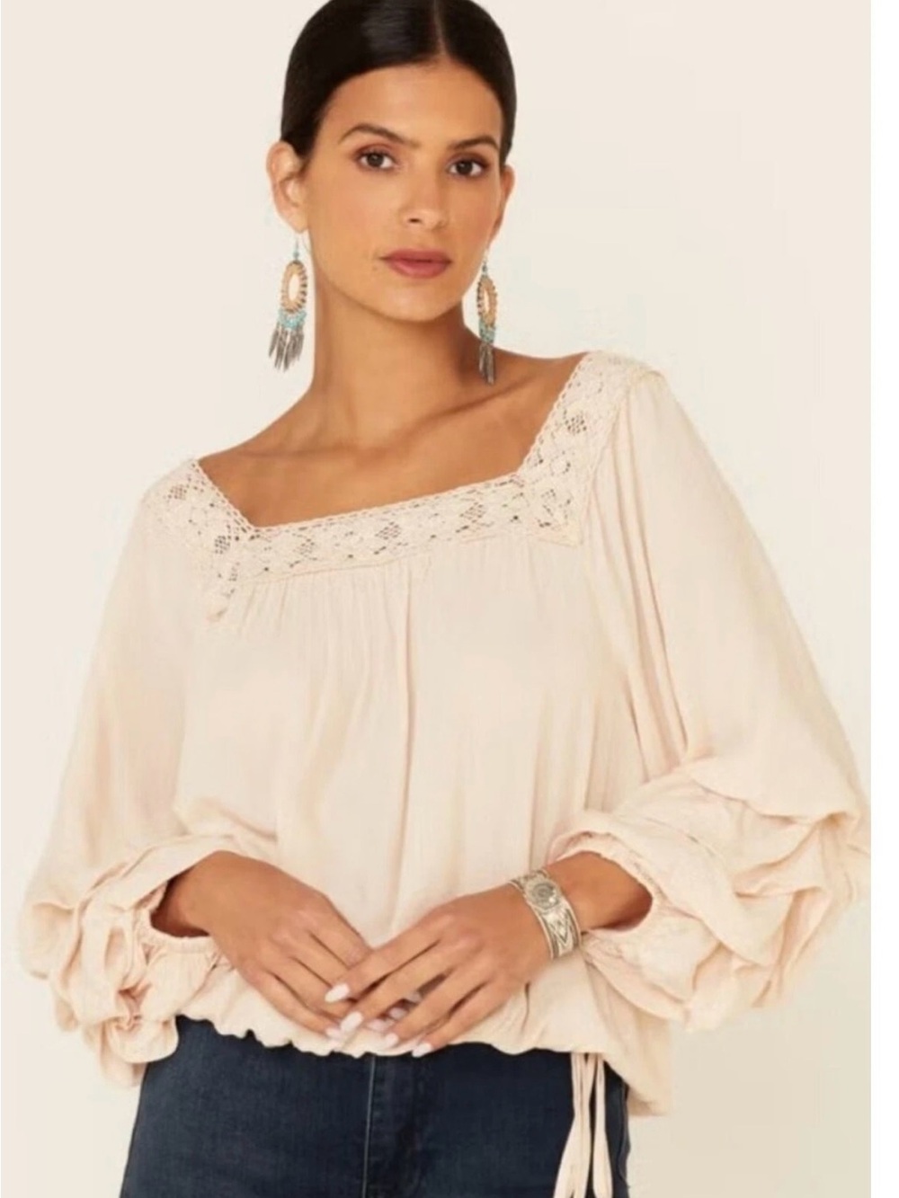 Wild Moss Boho Square-Neck Peasant Top in light peach Sz L Romantic feminine